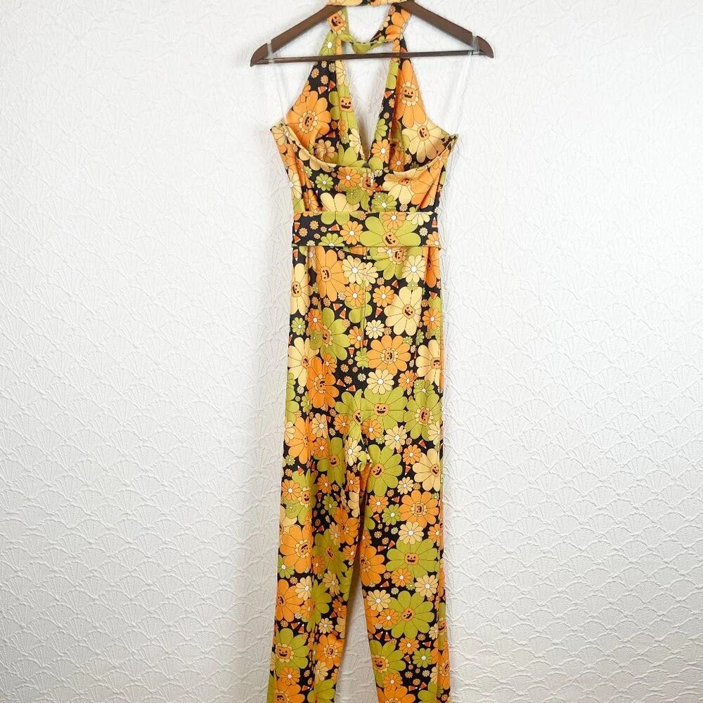 Unique Vintage Floral Halter Jumpsuit in Orange and Green - Picture 2 of 6